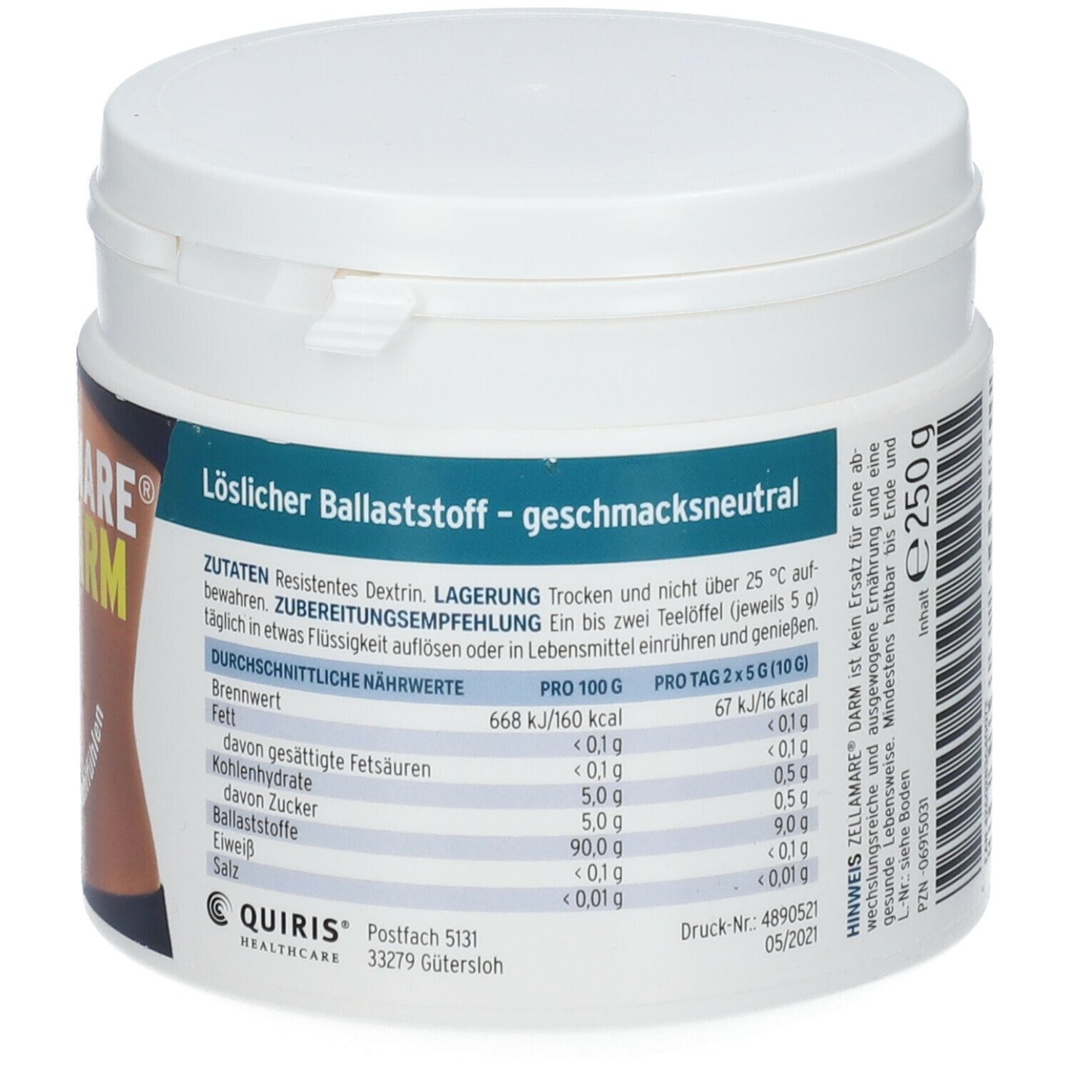 ZELLAMARE DARM löslicher Ballaststoff zum Anregen des Stoffwechsels + Aufbau der Darmflora, VEGAN, glutenfrei