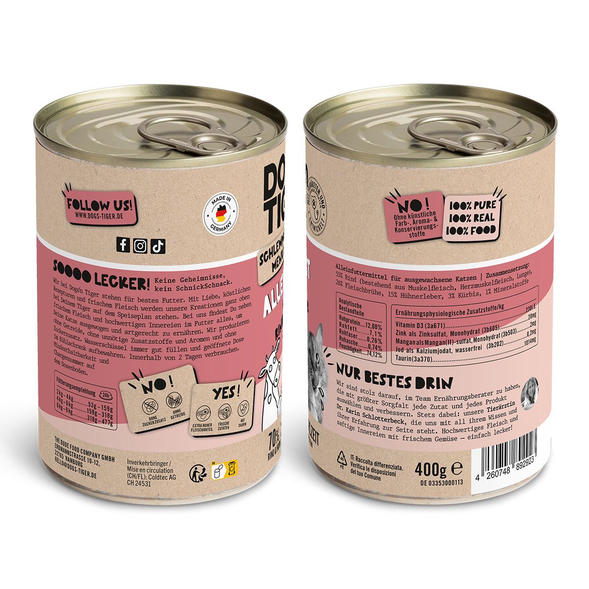 Dogs’n Tiger Adult Katzenfutter, Allerliebst, Nassfutter, Getreidefrei, Rind, Hühnerleber & Kürbis