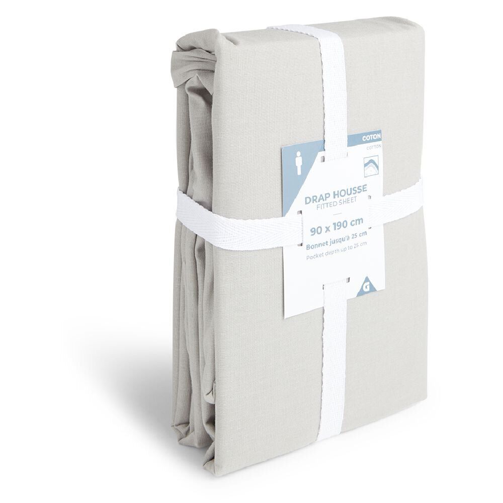 Drap housse 90x190cm 100% coton gris clair