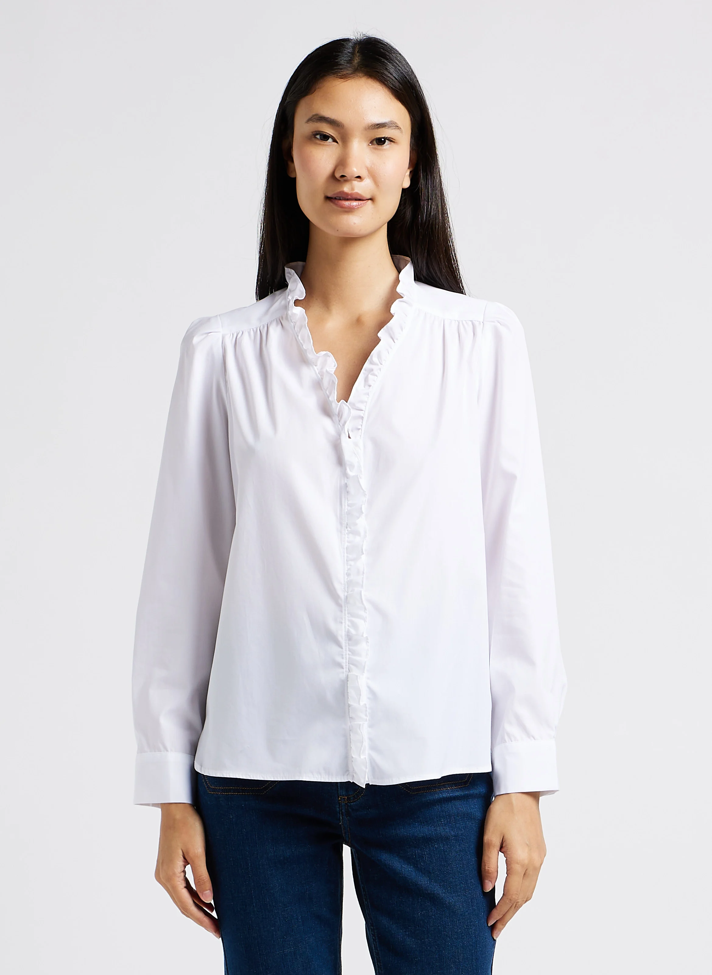 CALLISTO - Chemise droite col V à fronces en coton | Blanc