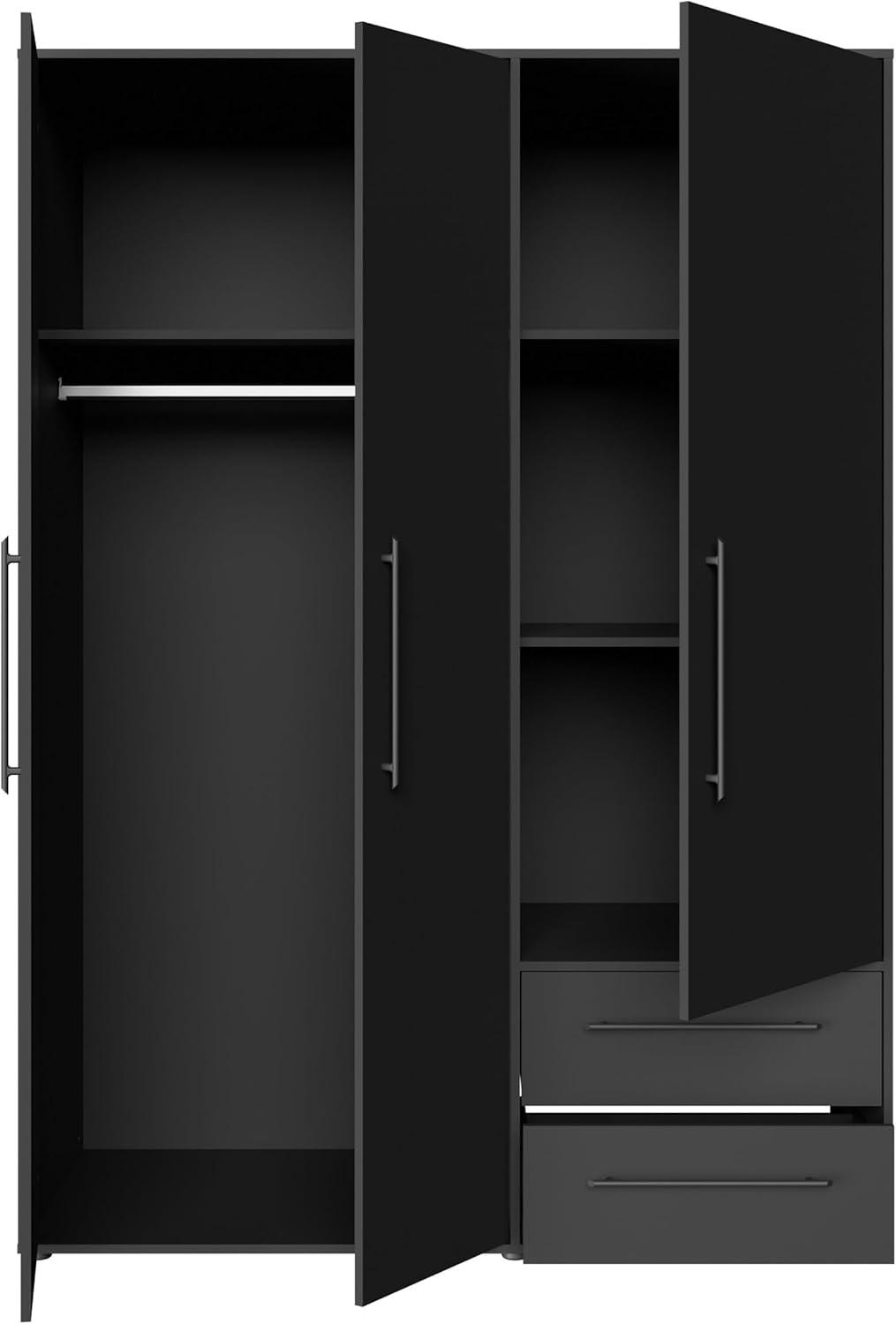 Forte Jupiter Kleiderschrank 140 150, 3-türiger Drehtürenschrank mit 2 Schubladen, Einlegeböden, Kleiderstange, Holzwerkstoff, Schwarz Matt, 144,4 cm breit, 200,1 cm hoch, 58,8 cm tief