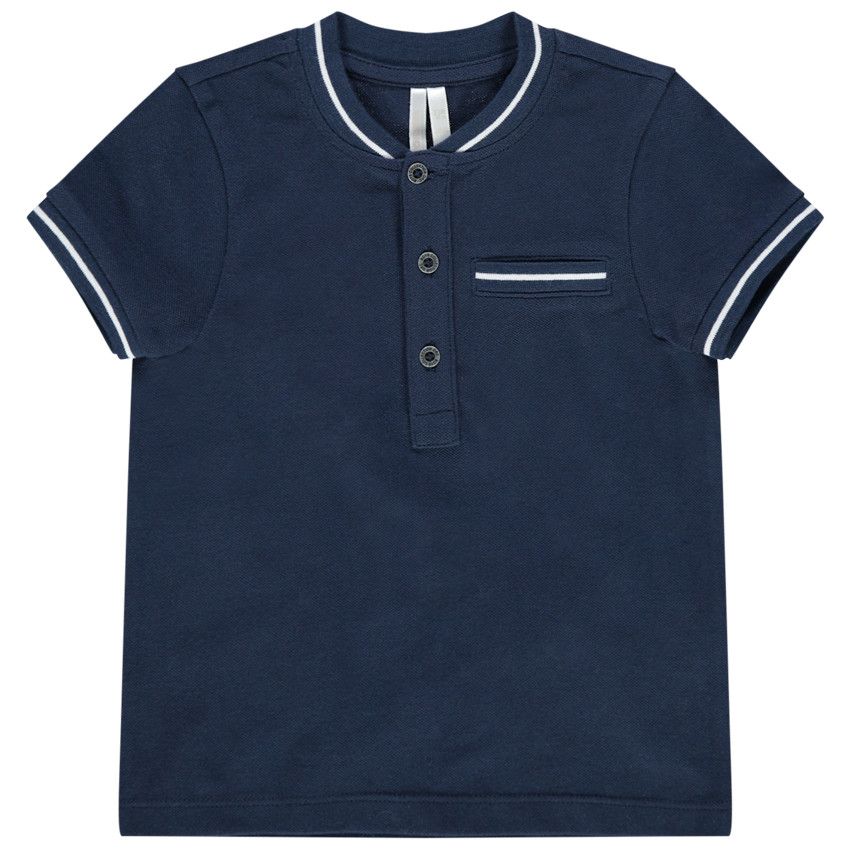 Polo manches courtes en coton bio à rayure contrastée - Bleu marine