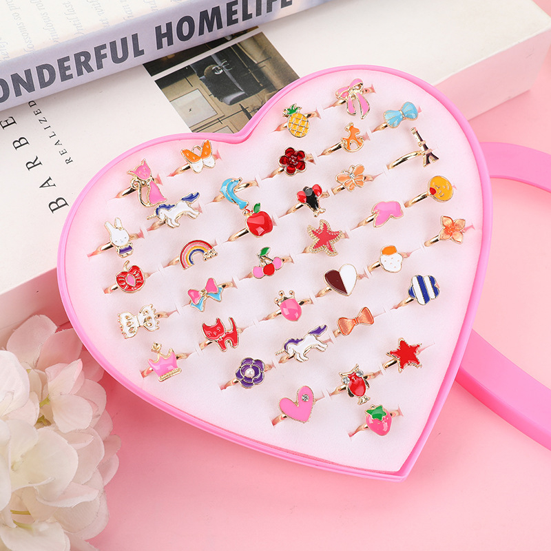 (36er Set) Kinder Ringe Schmuck Accessoire Verstellbare Fingerringe inkl. Herz Schatulle - Bunt