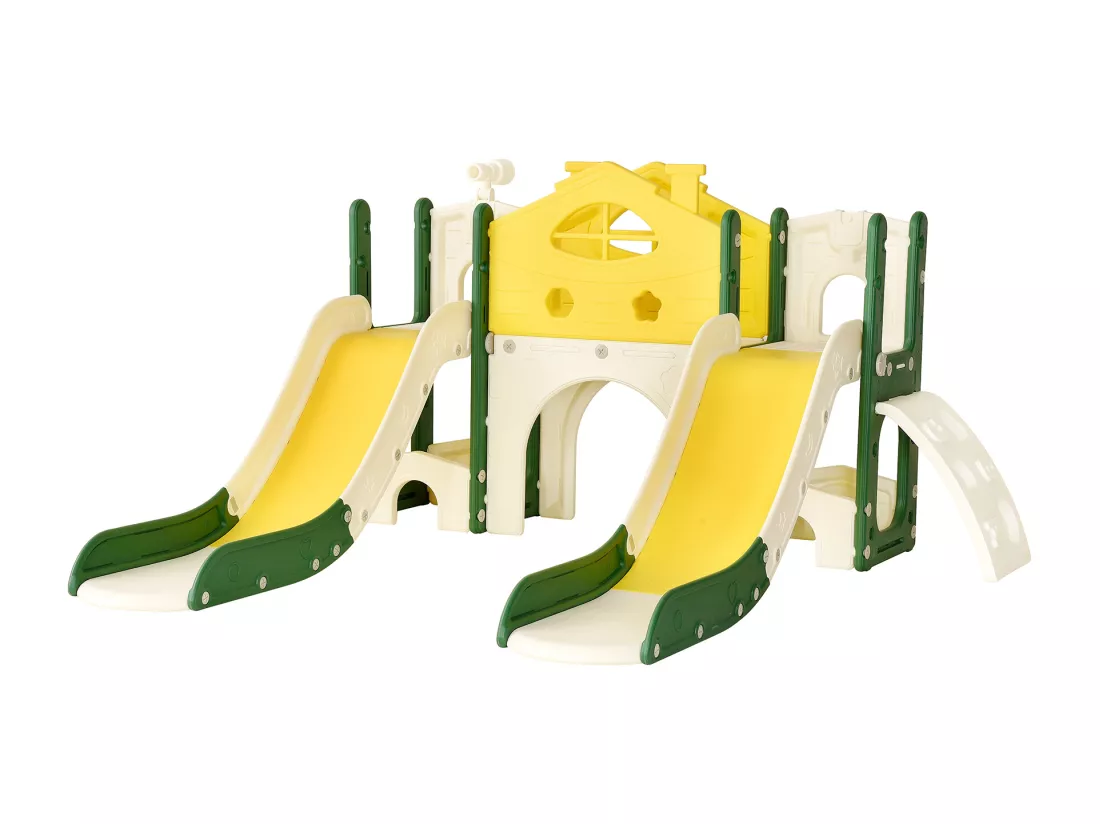 Toboggan pour enfants, aire de jeux pour enfants 7 en 1, tour de jeu amusante avec échelle d'escalade, deux toboggans, télescope et plus encore