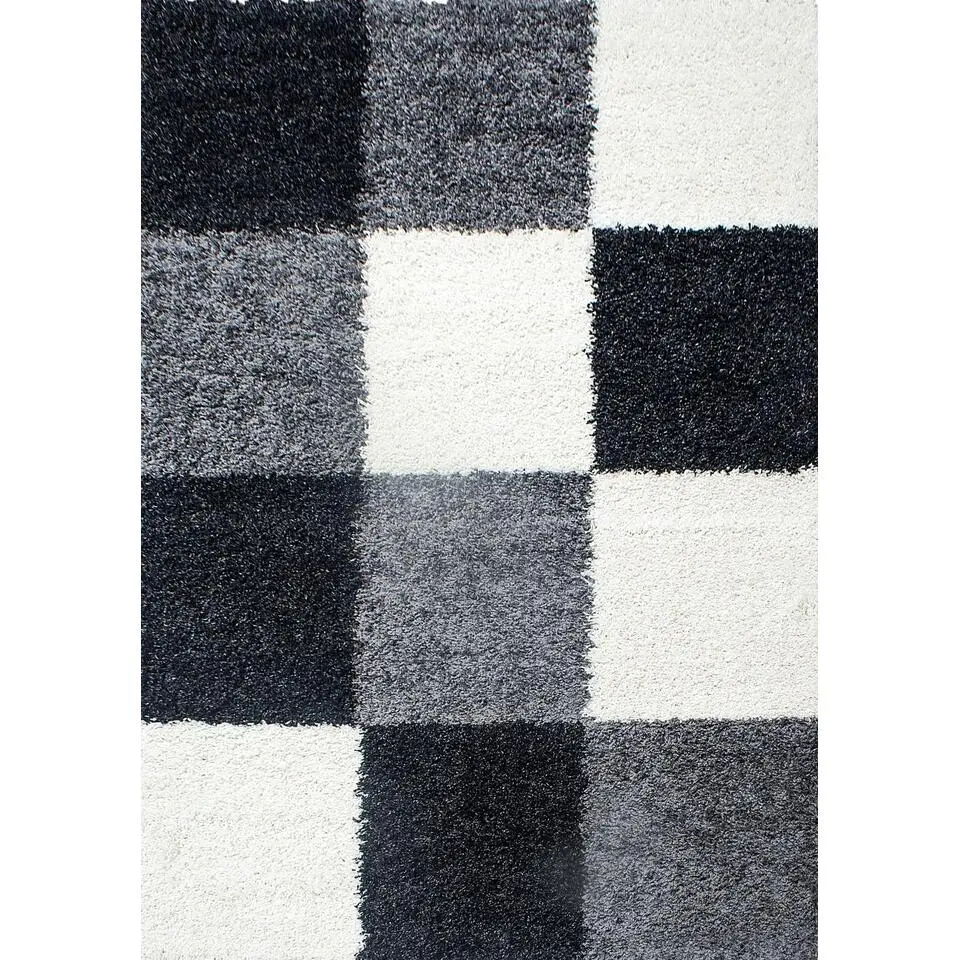 Basic Shaggy Geblokt vloerkleed Zwart / Wit Hoogpolig - 160x230 CM