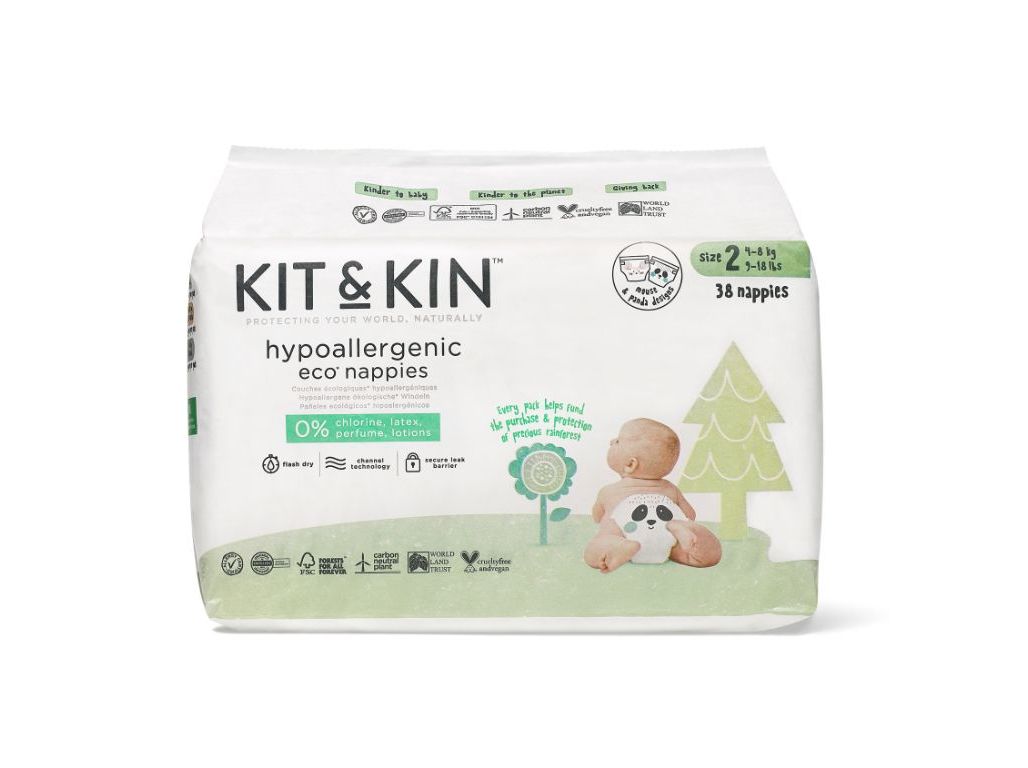 FRALDAS ECOLÓGICAS KIT & KIN HIPOALERGENICAS T2 4-8KG 38 UN