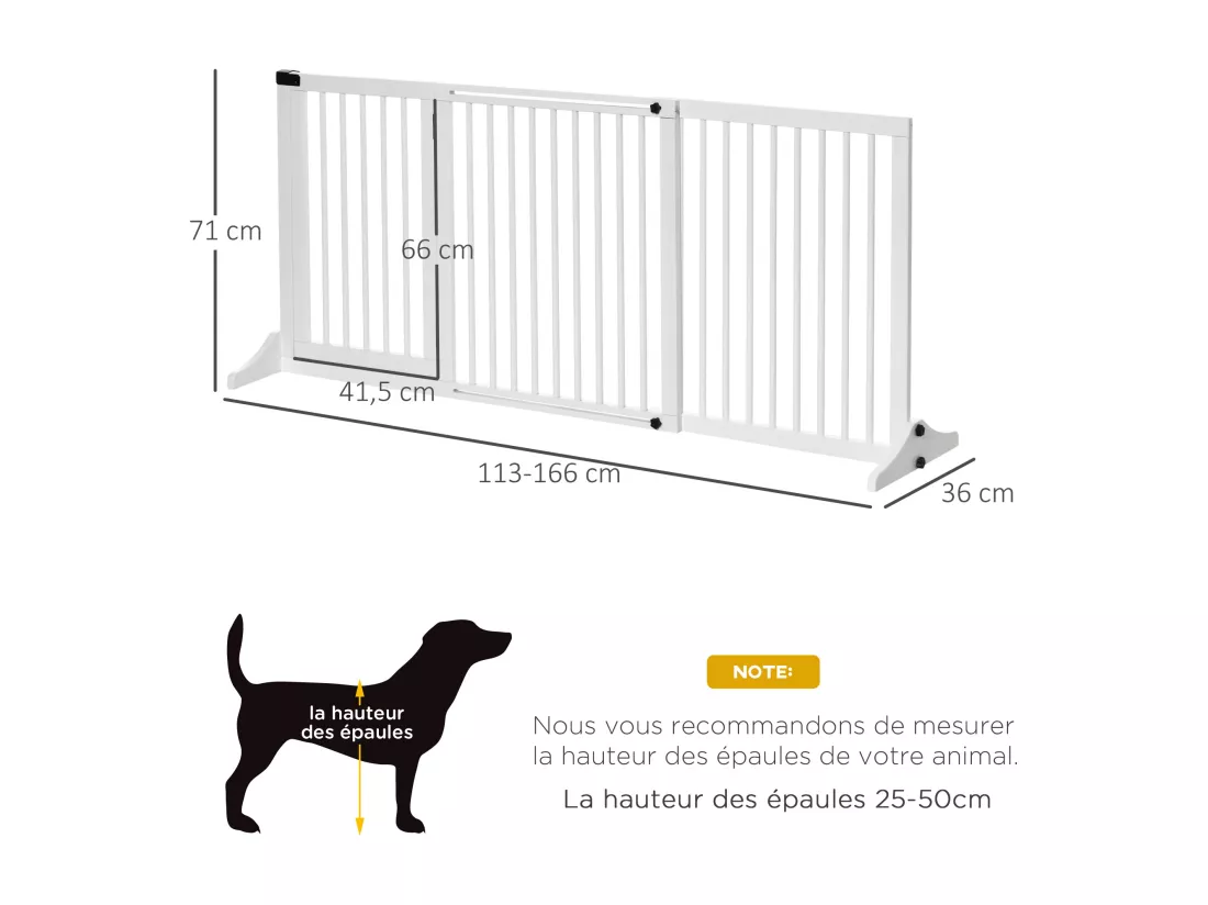 Barrière de sécurité chien barrière autoportante longueur réglable porte verrouillable intégrée dim. 113-166L x 36l x 71H cm sapin blanc