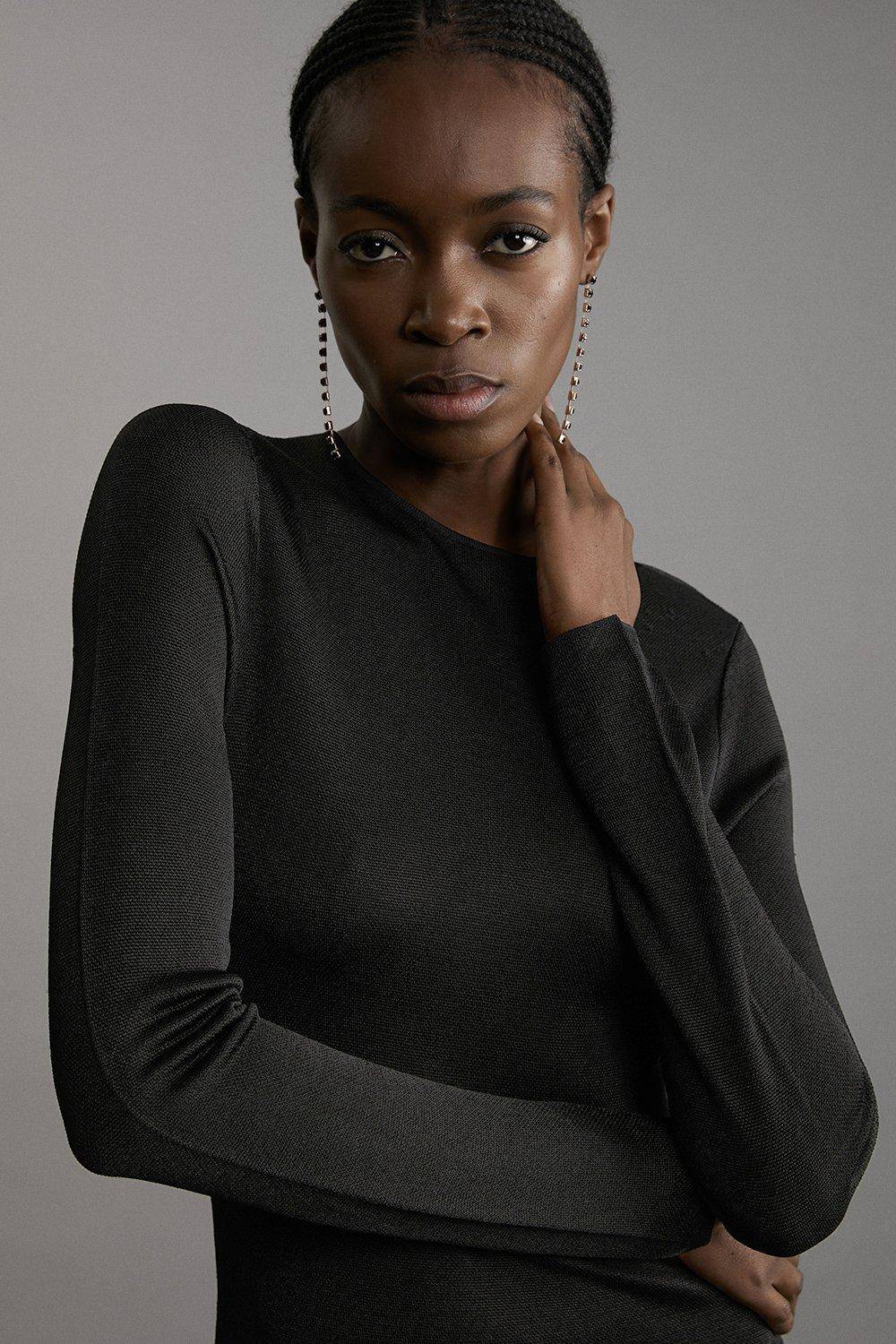 KarenMillen Robe Longue Tricotée Asymétrique en Mélange Viscose Moulante Transparente avec Détails en Dentelle