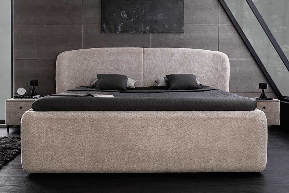 Modernes Boxbett ART DECO 160x200cm greige Bouclé mit Stauraum und Lattenrost
