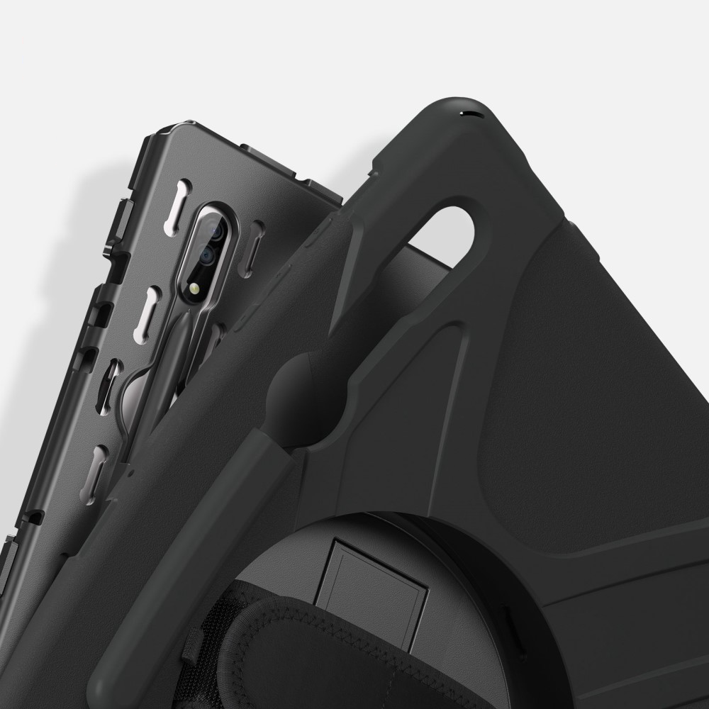 Samsung Galaxy Tab S8 Ultra Hybrid Outdoor Silikon Case Hülle mit Aufsteller und Handschlaufe und Schultergurt - Schwarz
