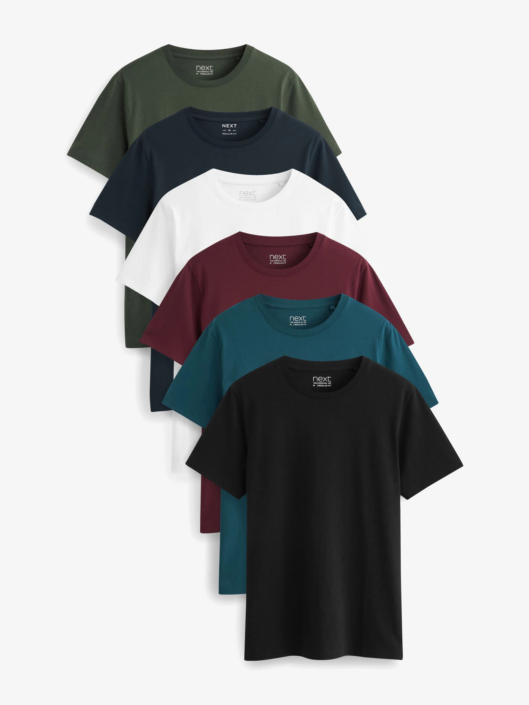 Marineblauw/ blauwgroen/ wit/ zwart/ groen/ bordeauxrood - Normale Pasvorm - Essential katoenen T-shirts verpakking van 6
