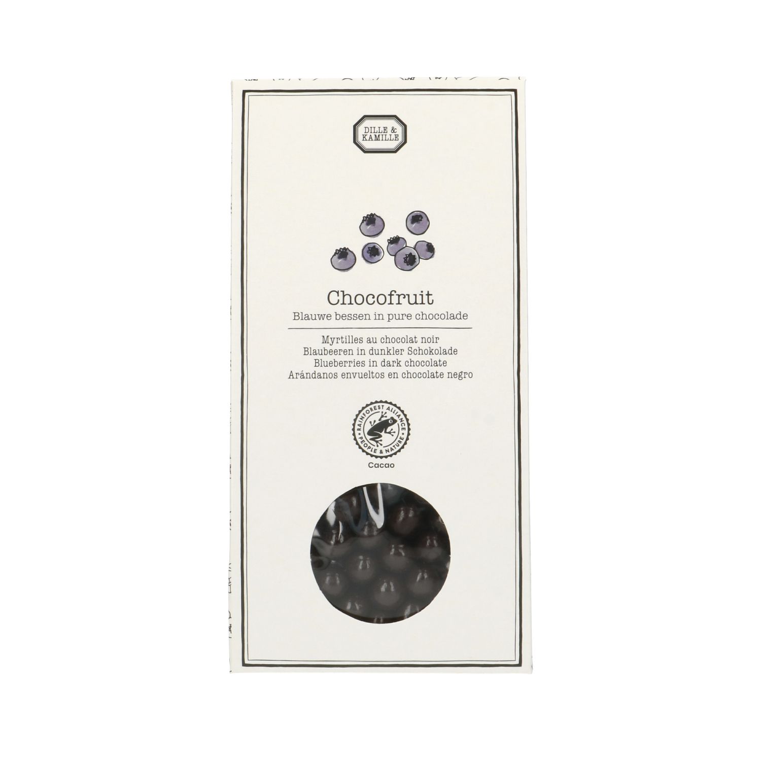 Blauwe bessen in pure chocola, 100 gram
