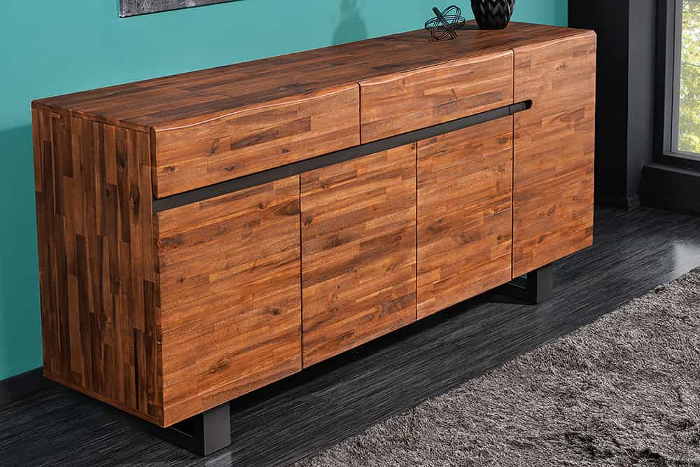Massives Sideboard GENESIS 170cm braun geflammt Akazienholz Metall Industrial Design