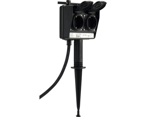 Tuinstopcontact met grondpen, 2-voudig, IP44, 1,5 m kabel, zwart, tot max. 3680 watt