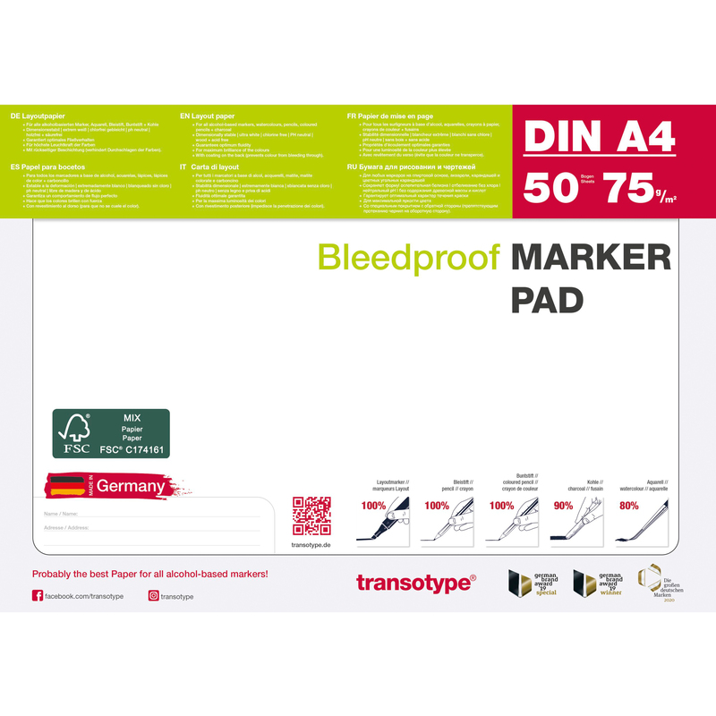 Transotype Layoutpapier Bleedproof Marker Pad, A4, weiss, 50 Stück