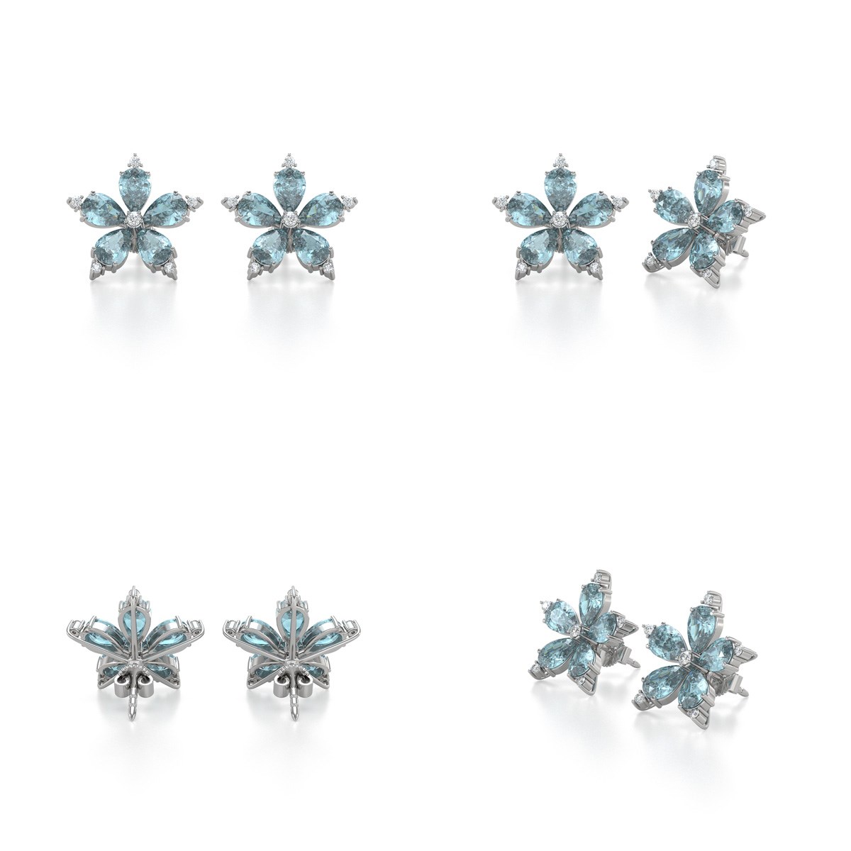 Boucles d'oreilles ADEN Fleur Aigue-Marine et Diamants sur Argent 925 4.52grs