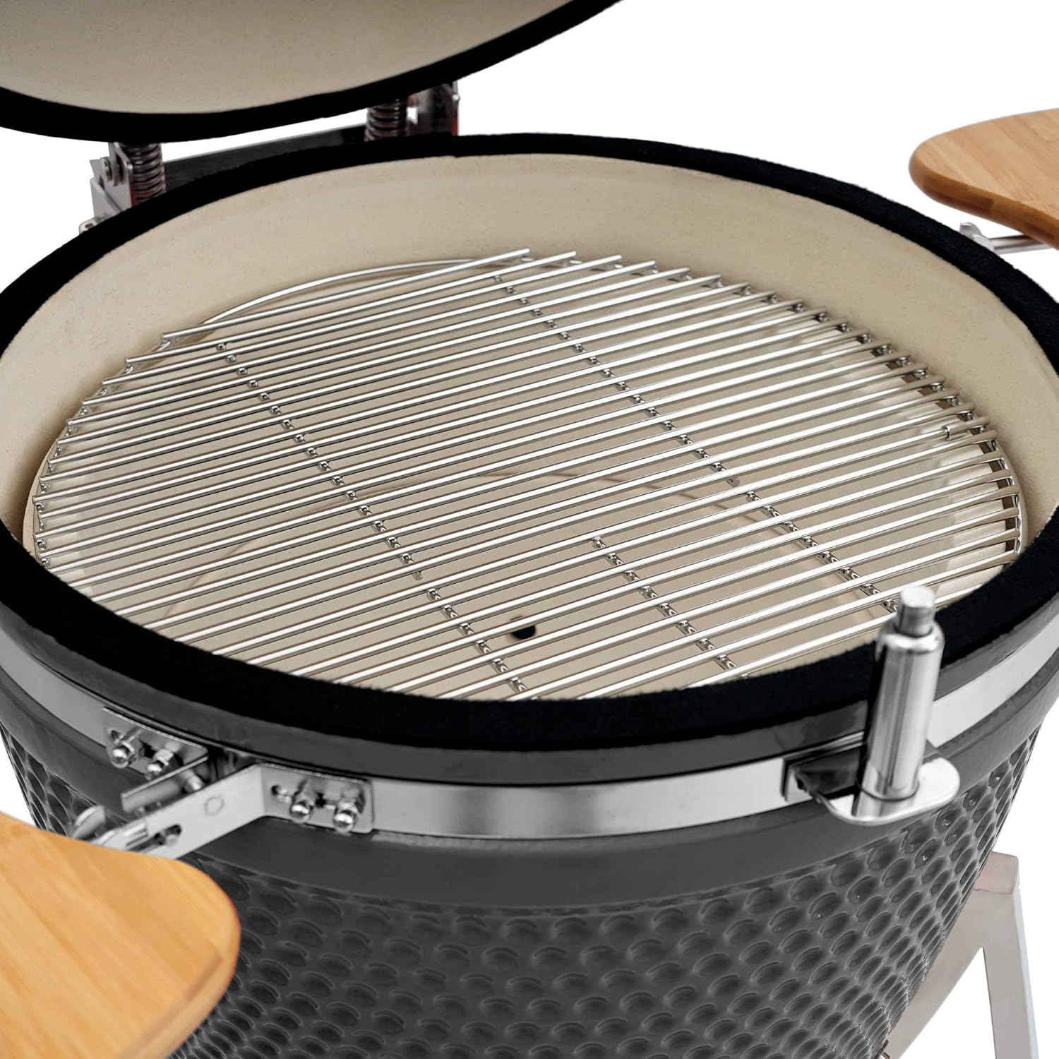 BBQ-Toro Kamado Grill Holzkohlegrill 'KURO' Ø 52 cm | Grau | Holzkohlegrill mit Bambusablage, Thermometer, Holzgriffen, Rollen | Keramikgrill rund, Ceramic Grill Ei, Grillofen, Kamado mit Ablage