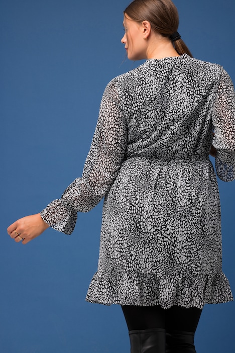 Leo-Kleid, A-Line, Minimal-Leo Chiffon, Tunika-Ausschnitt, Langarm