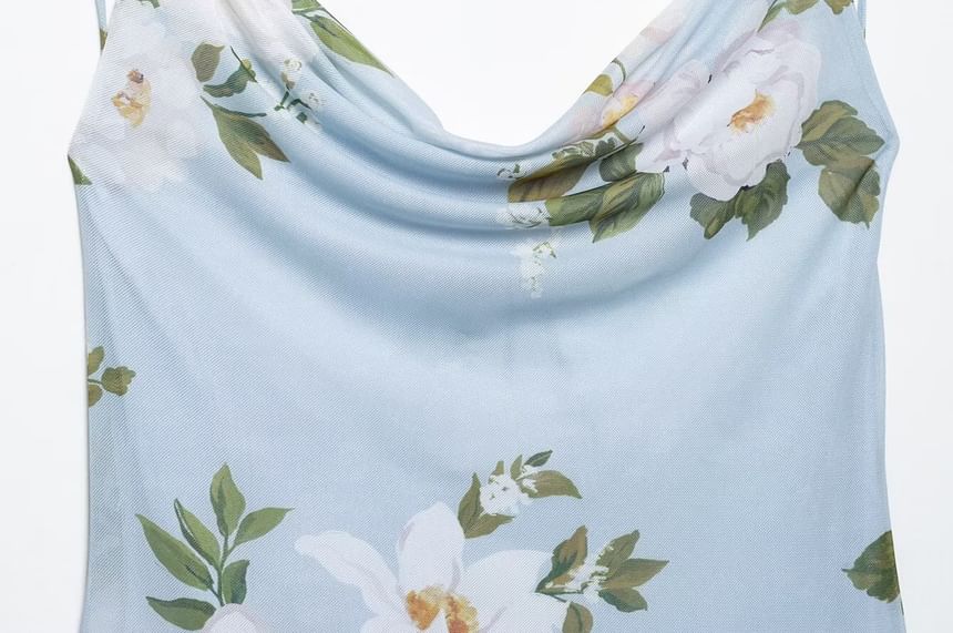 Cumulys - Spaghettibandjes bloemenprint ruches asymmetrische mini A-lijn jurk