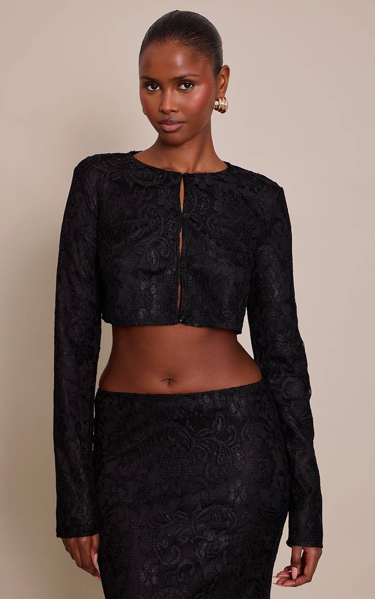 Noir Ensemble Top Court En Dentelle À Manches Longues Et Boutons