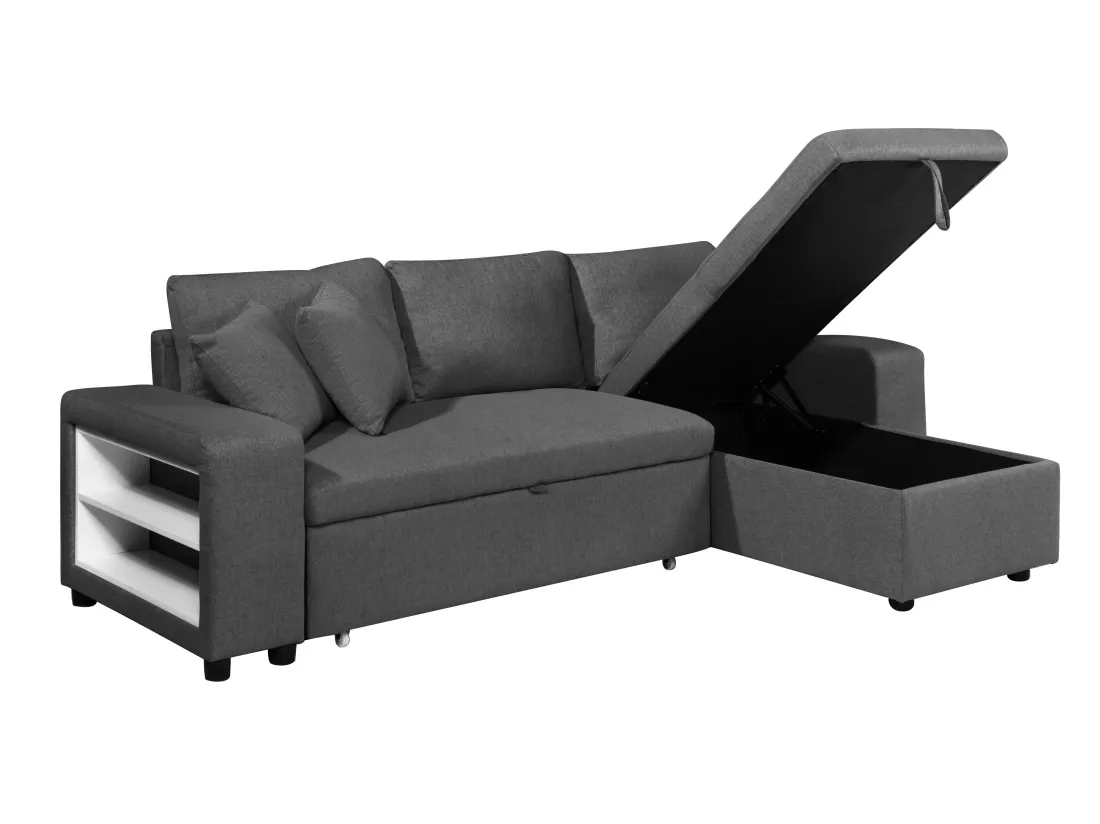 Canapé d'angle convertible et réversible en tissu avec coffre de rangement et poufs anthracite SELIM