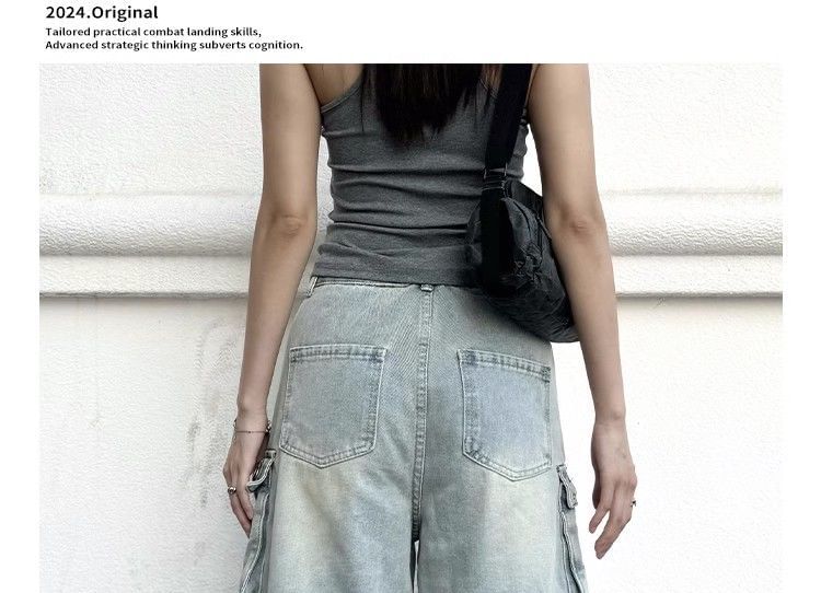 Striinkie - Hoge taille gewassen wijde cargo denim jorts