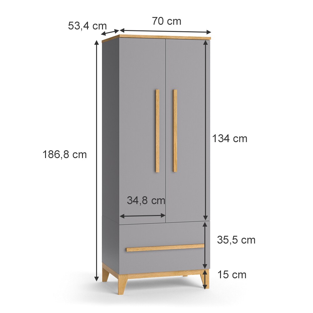 VitaliSpa Kleiderschrank Kinderzimmerschrank Aufbewahrungsschrank Malia Grau Eiche modern 70x187 cm Kinderzimmer Möbel Babymöbel Schublade Tür Fach Kleiderstange Ablage Babyzimmerschrank