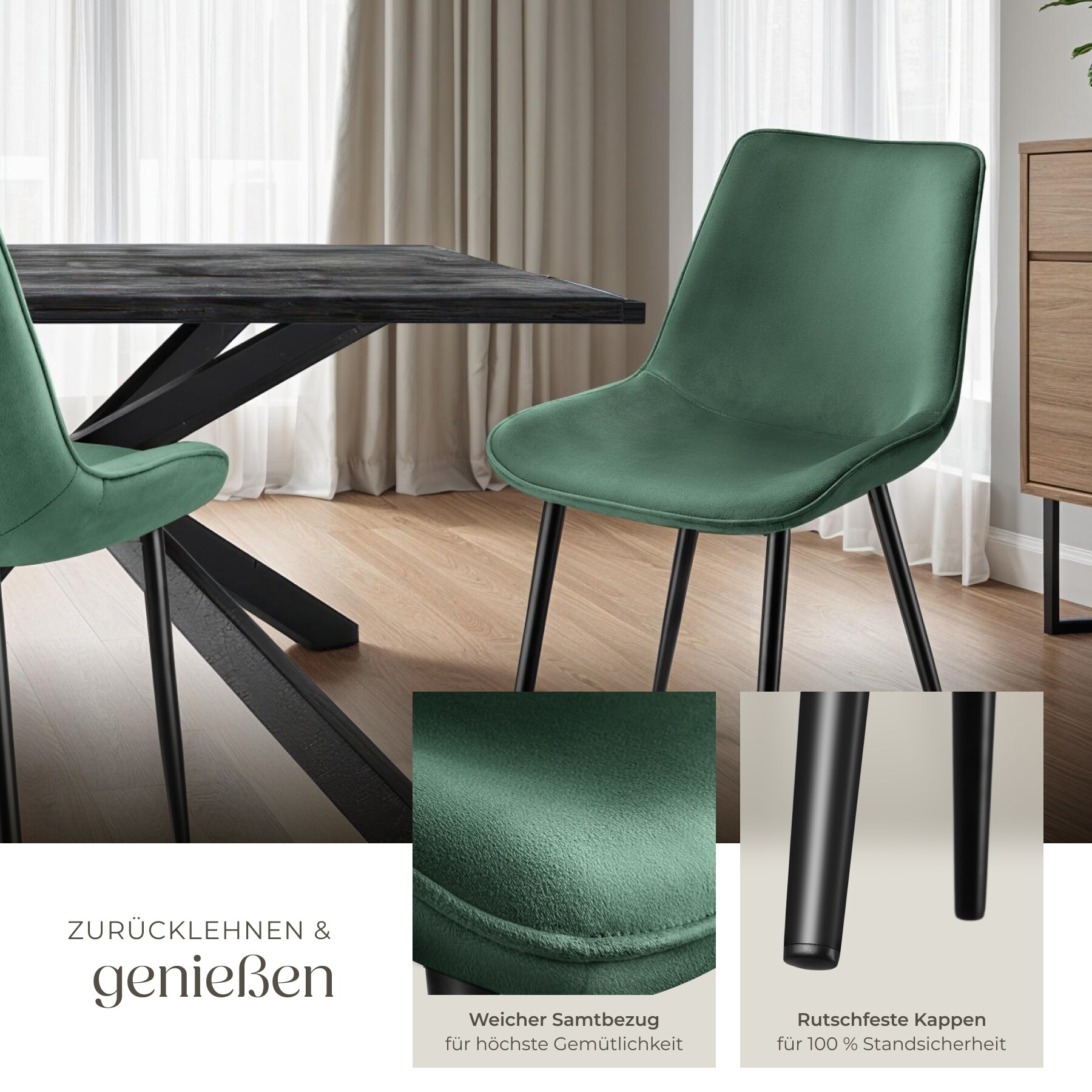tectake® Set Stuhl, gepolstert, in Samtoptik, schwarze Stahlbeine, 48 x 59 x 82,5 cm