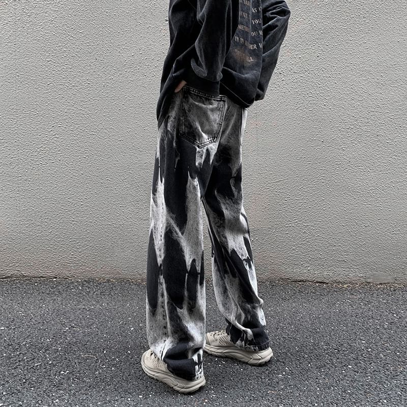 Cowpow - Mid Rise Tie Dye Washed Loose Fit Jeans