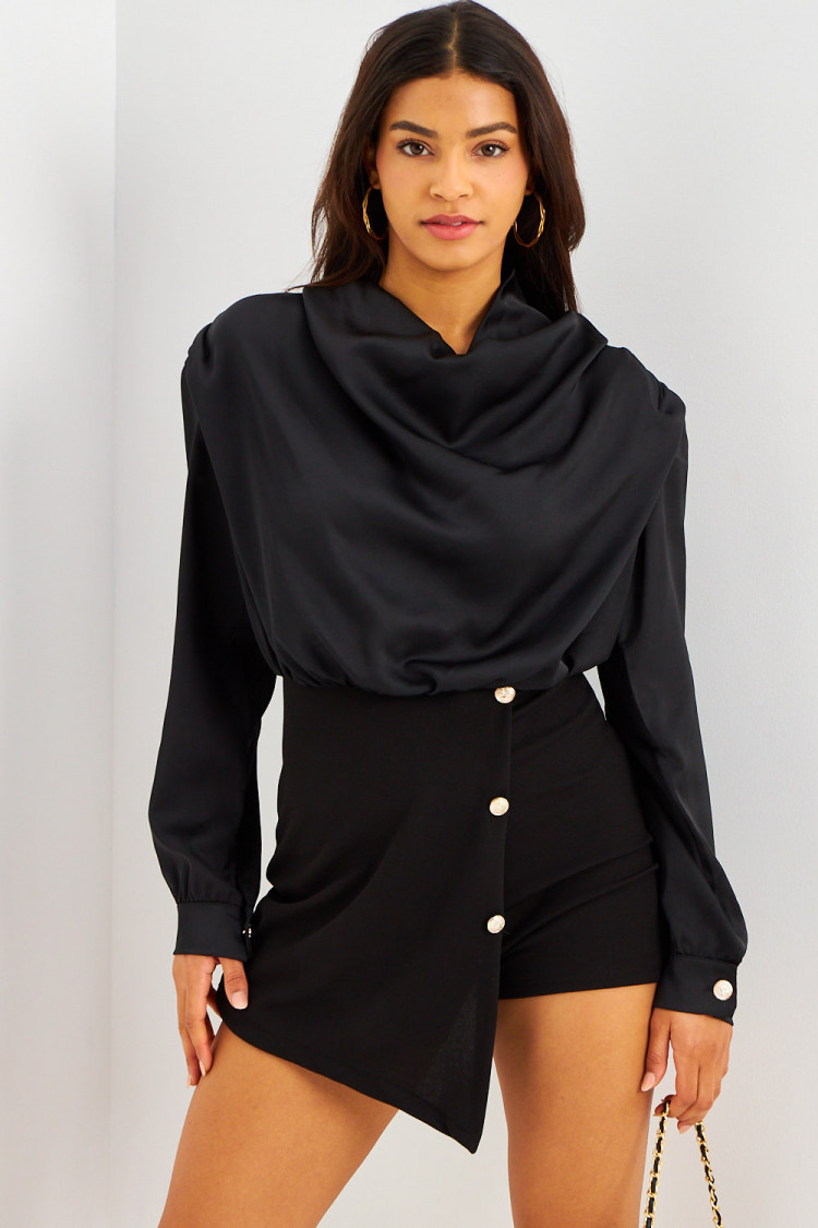 Combishort bi-matière noire style jupe-short