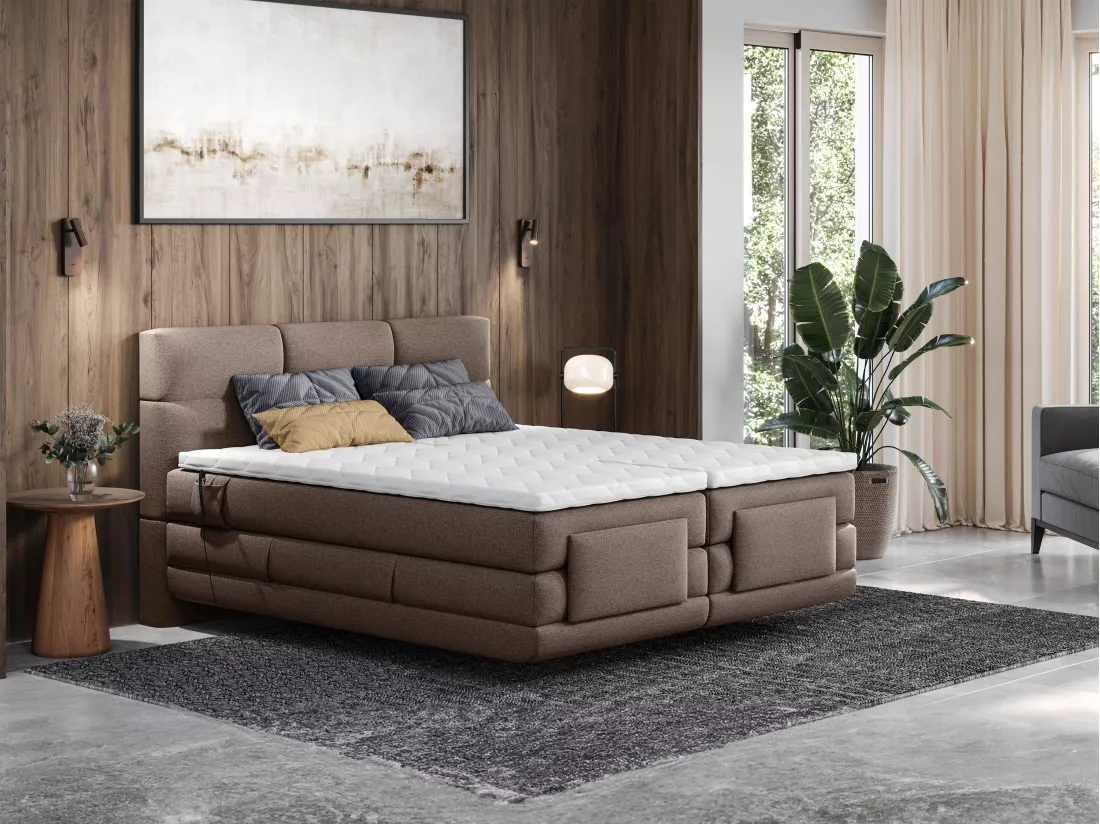 Ensemble complet boxspring tête de lit capitonnée + sommiers relaxation électrique + matelas + surmatelas - 2 x 80 x 200 cm - Tissu - Marron - LODI de PALACIO