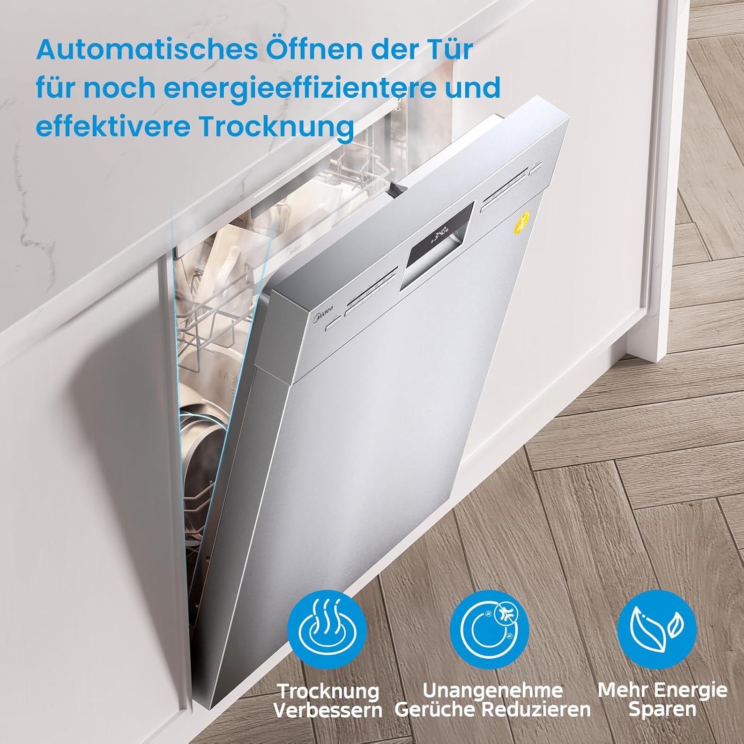 Midea SU 7.35X14BS Geschirrspüler 60cm Unterbau, 14 Maßgedecke Spülmaschine Teilintegrierbar mit WiFi, Extra Trocknung, 8 Programme, 42dB, 1-24h Startzeitverzögerung, Inox