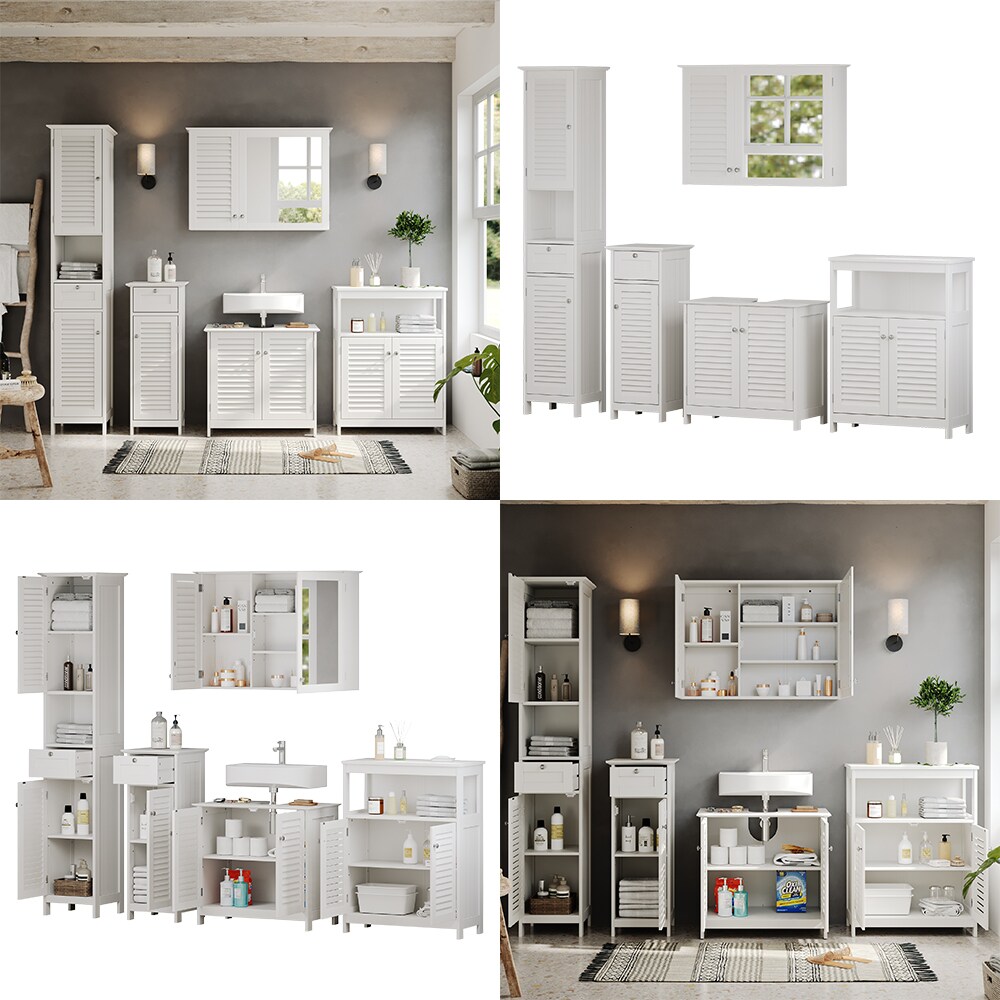 Vicco Badmöbel-Set Riad, Weiß, Badezimmer, moderne Badserie, Lamellen-Front, Waschtischunterschrank, Spiegelschrank, Midischrank, Hochschrank, Sideboard