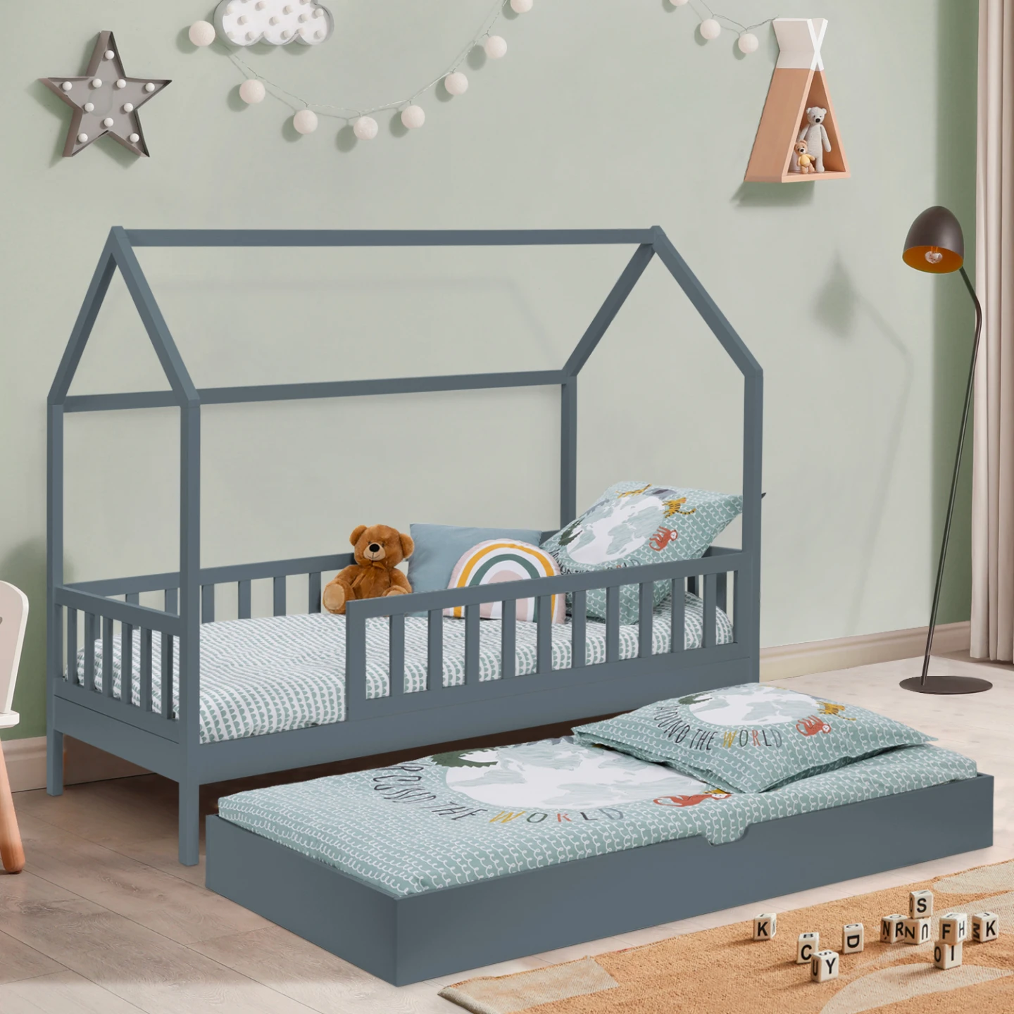 Lit cabane enfant 80 x 160 CM NEREE gris avec 1 tiroir gigogne et de rangement
