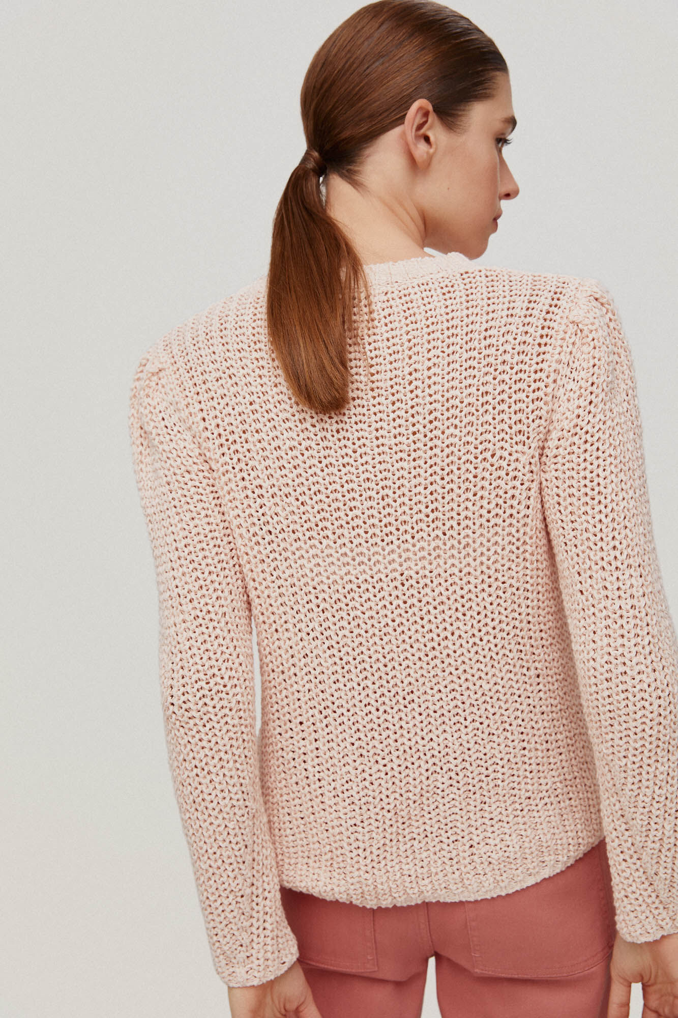 Suéter de tricô com detalhes vazados e mangas bufantes - Rosa