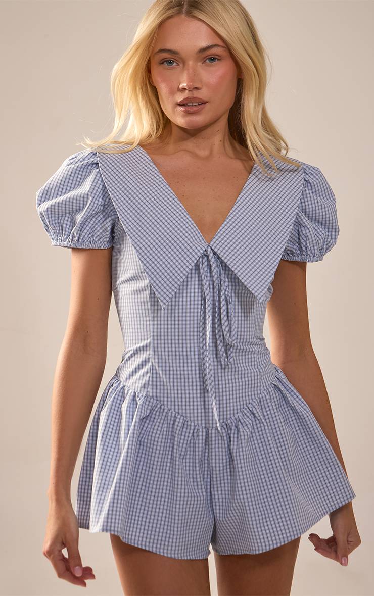 Bleu Combi-short À Jupe-culotte En Tissu Tissé À Carreaux Avec Détail Col