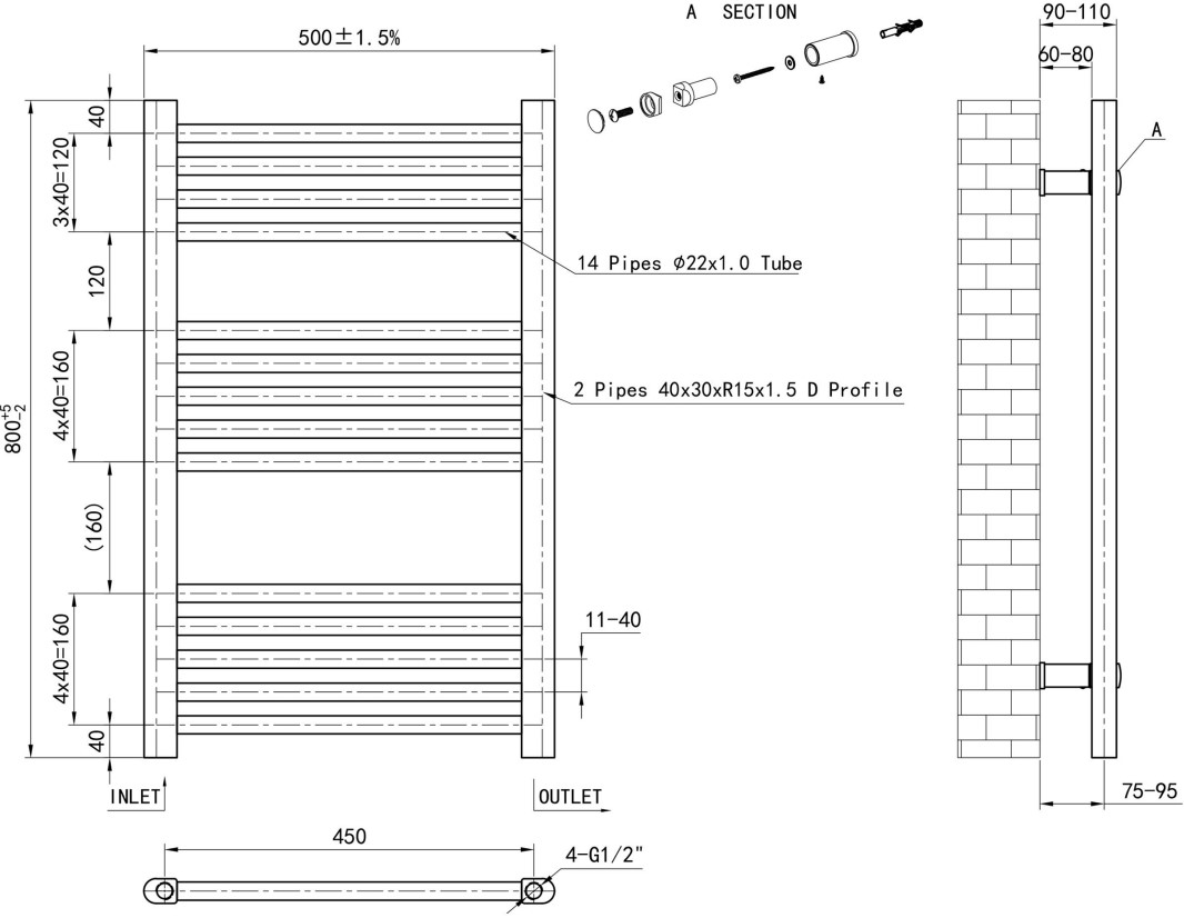 Eastbrook Wendover handdoekradiator 50x80cm 394W antraciet mat