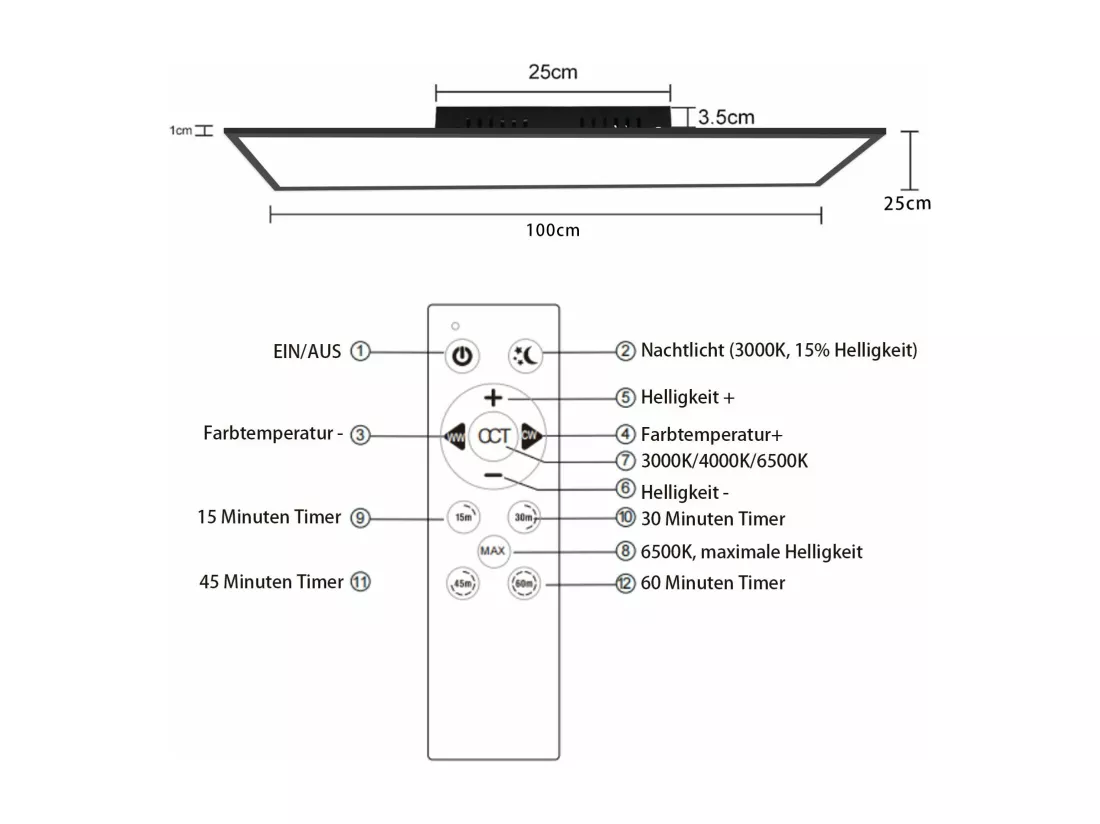NETTLIFE Plafonnier LED à intensité variable 100x25 cm avec télécommande noir 24W