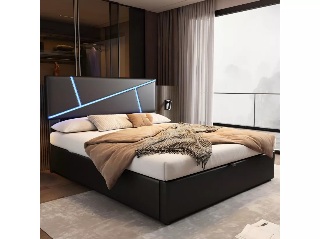 Lit coffre 90x200cm, cuir synthétique, avec bandes de lumière LED, cadre à lattes, Noir