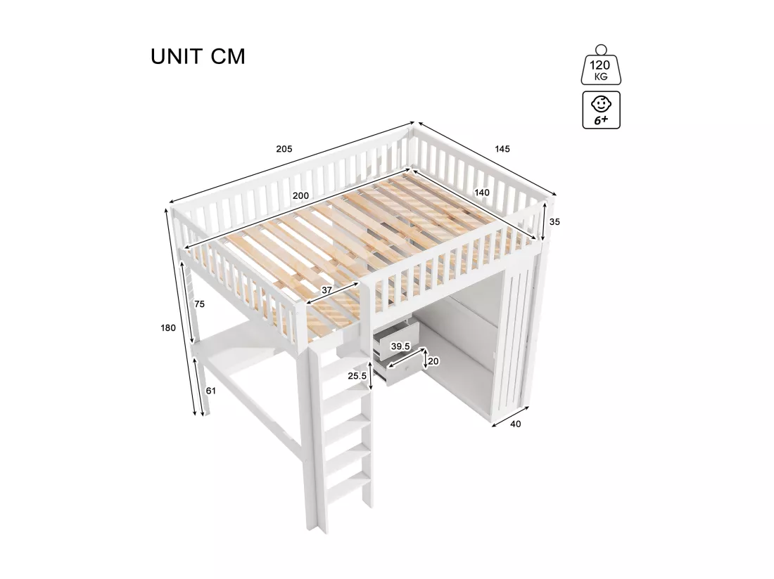 Lit mezzanine 140x200 cm en bois - avec bureau & penderie - Blanc