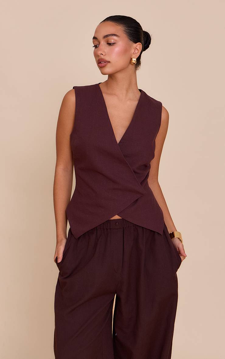 Chocolat Gilet Asymétrique À Boutons En Mélange De Lin Premium