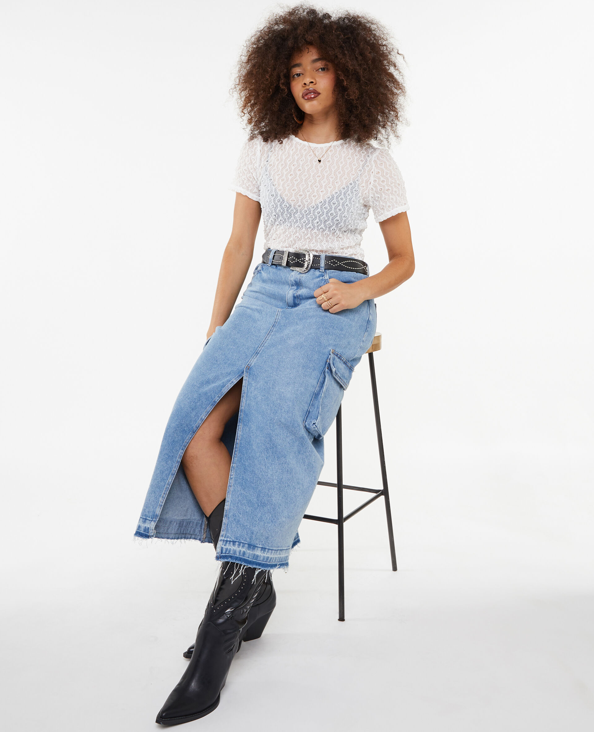 Top en dentelle tissu reliefé - Blanc