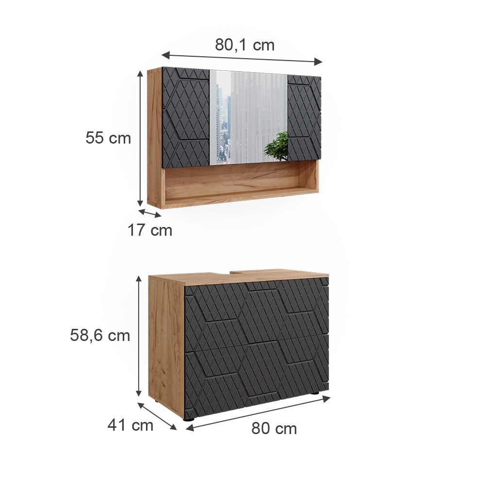 Vicco Badmöbel-Set Irma Eiche Anthrazit 2-teilig Spiegelschrank Waschbeckenschrank 80 cm