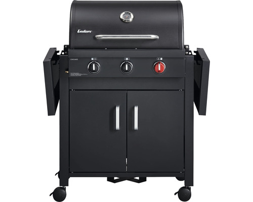 Enders® Chicago 3 Black Turbo 3-pits gasbarbecue, 51 x 108 cm, zwart, inclusief opbergplank, dekselthermometer, vetopvangbak, opklapbare zijtafel, krachtige warmtezone, grillrooster van roestvrij staal