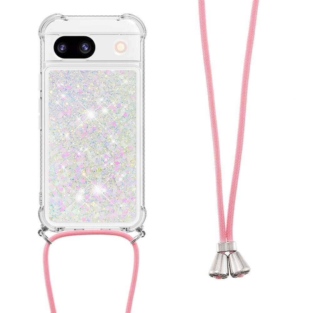 Google Pixel 8a Necklace Gummi Hülle Liquid Glitzer   Handykette (130cm) - Rosa / Silber