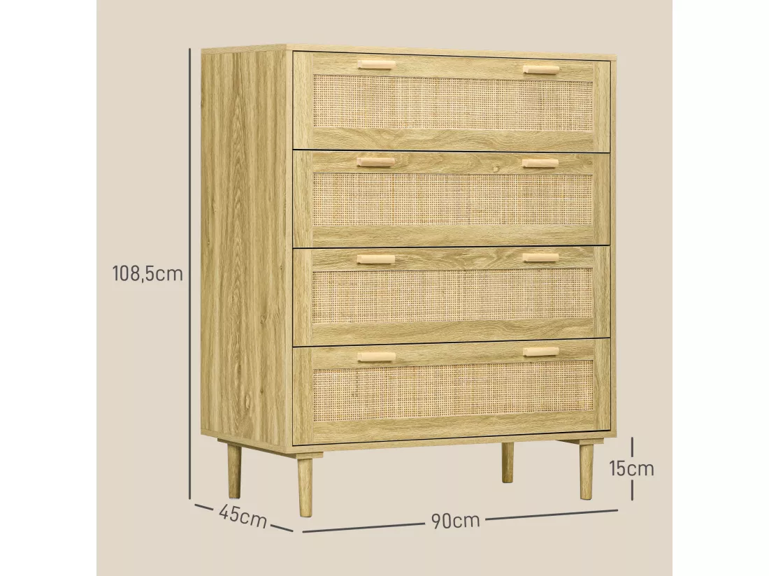 Commode 4 tiroirs style bohème chic - dim. 90L x 45l x 108,5H cm - façades tiroirs cannage rotin aspect chêne clair