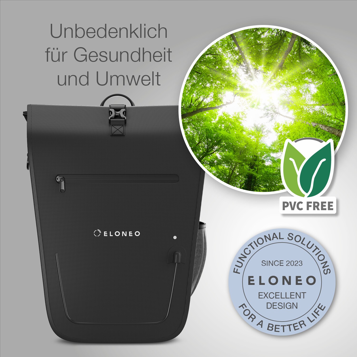 eloneo Fahrradtasche für Laptop wasserdicht mit LED, 25L