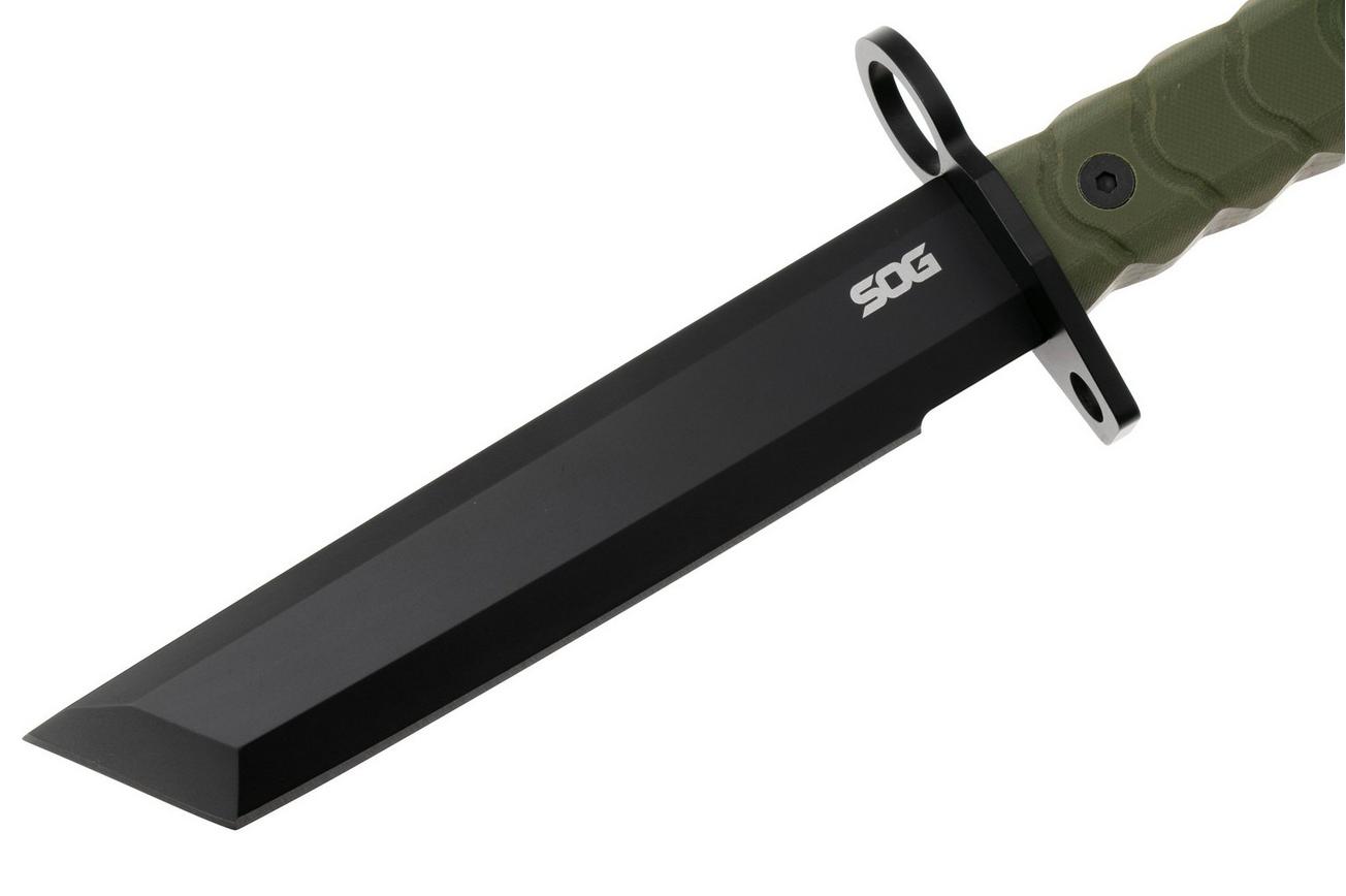 SOG BAR15T BY1002-BX, Black PVD AUS-8 Tanto, OD-Green G10 vaststaand mes