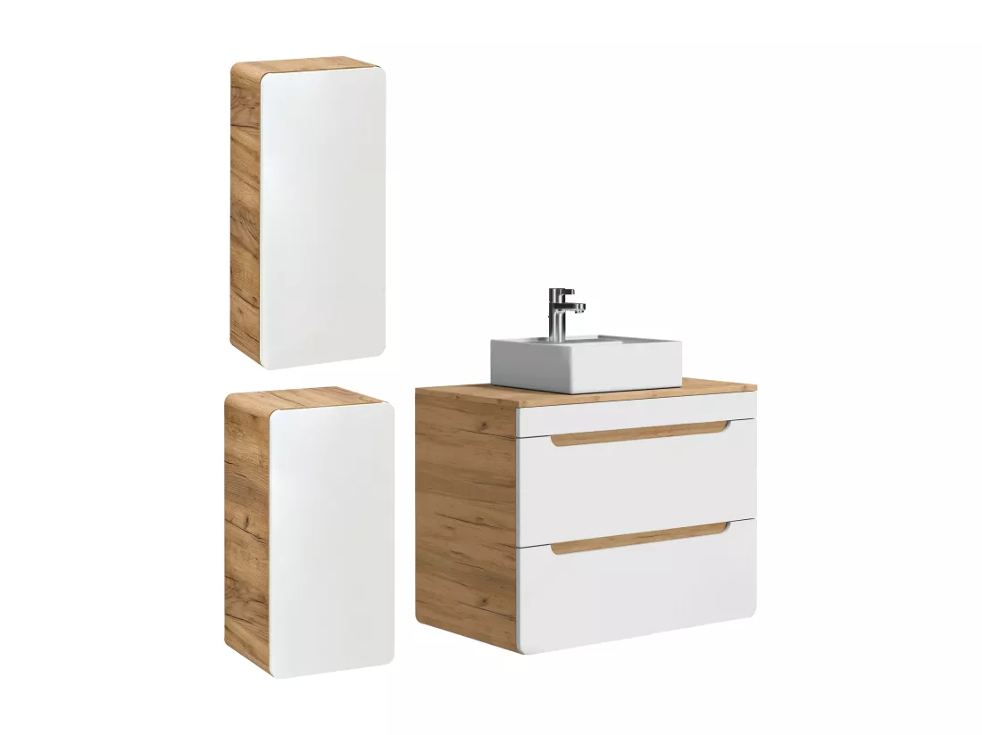 Meuble de salle de bain suspendu avec vasque à poser et deux colonnes - Coloris naturel et blanc - 80 cm - ARUBA