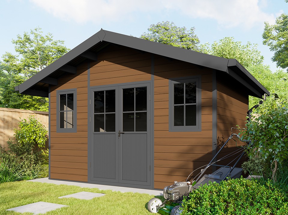 Abri de jardin composite braga - 12m2 brun - epaisseur des madriers : 28mm - cabane atelier / abri velo - menuiseries en aluminium